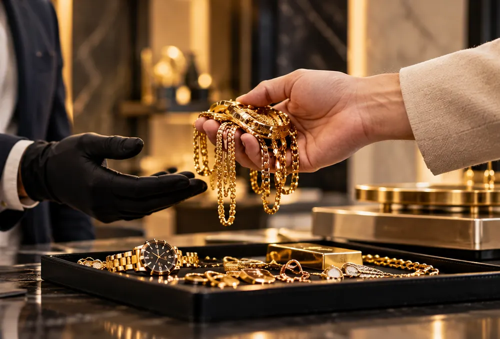 Übergabe von Goldschmuck am Ankaufstresen, daneben Armbanduhr und Goldbarren auf dem Tablett